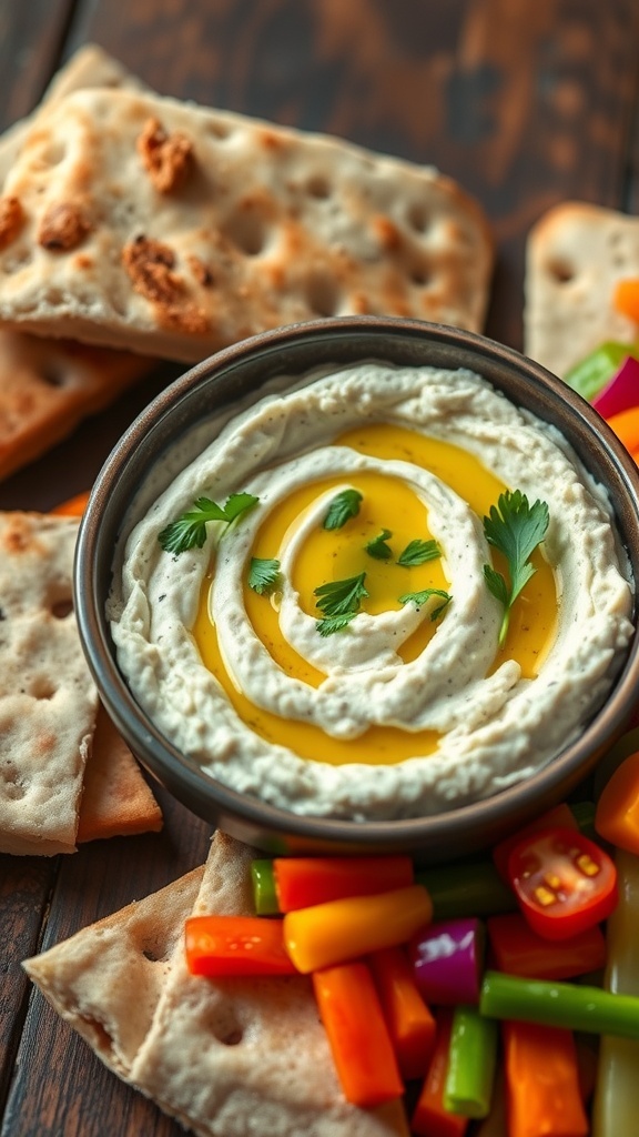 A bowl of Baba Ganoush dip with pita bread and fresh vegetables on a wooden table.